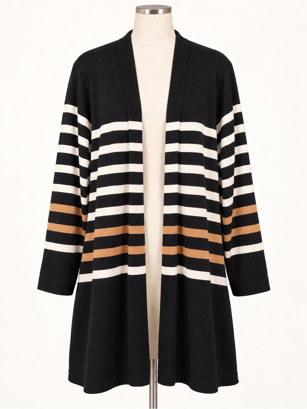 Belldini Black Open-Front Cardigan with White and Brown Stripes